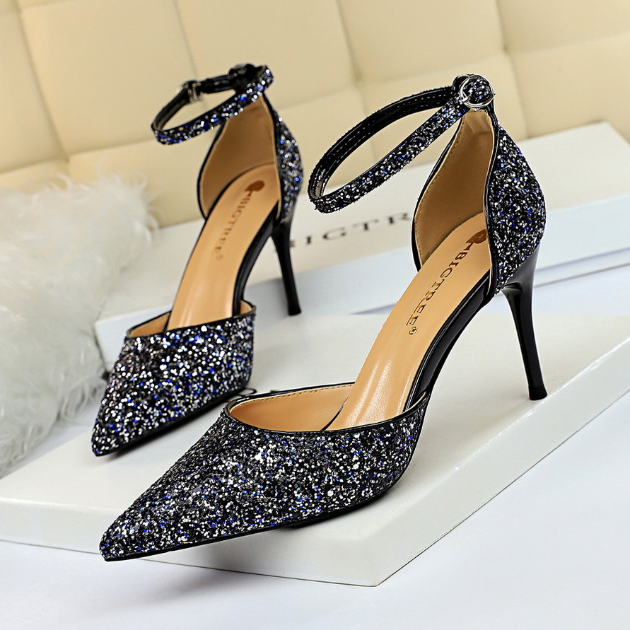 Metal stiletto heel sequined hollow sandals 47