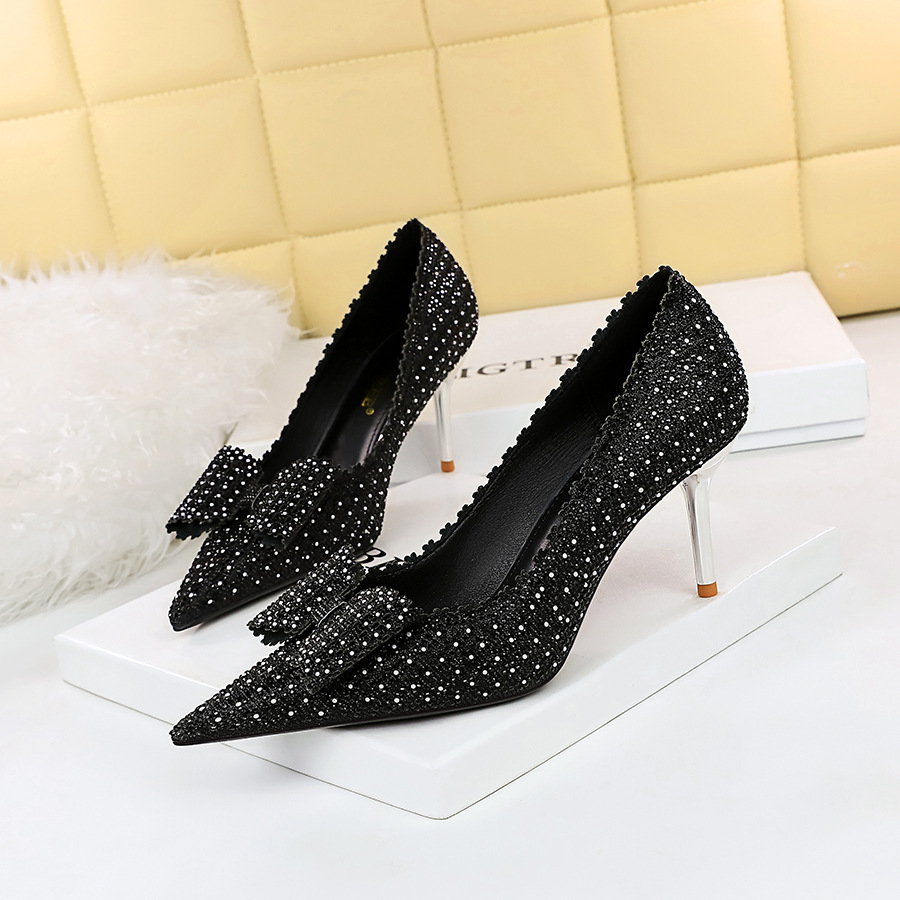 Pearl rhinestone bow high heels shoes 34