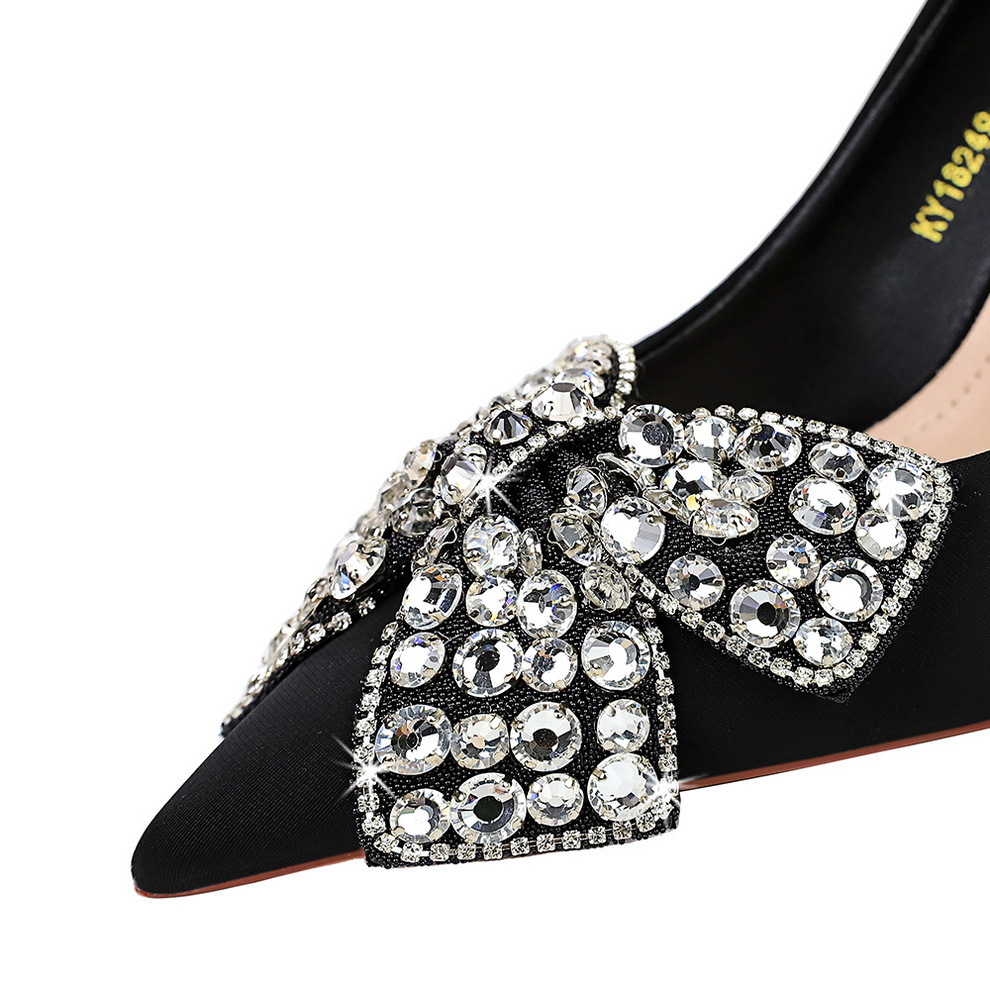 Women's high heel satin rhinestone bow shoes 28