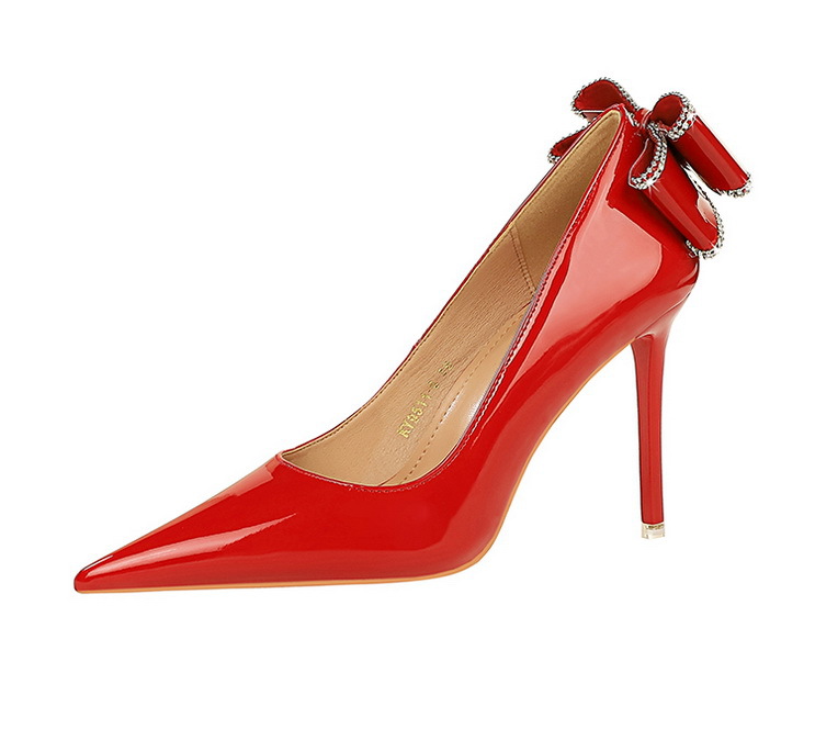Women's patent leather high heel shoes with bow at the back 24